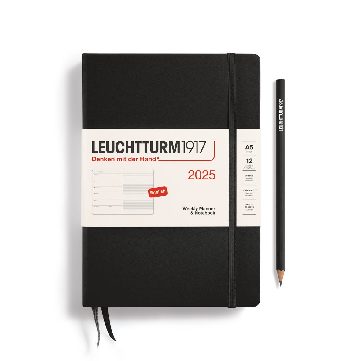 Agenda Semainier & Carnet de Notes Rigide 2025 LEUCHTTURM1917, Anglais - 1 semaine + notes - A5 - Black - 4004117651724