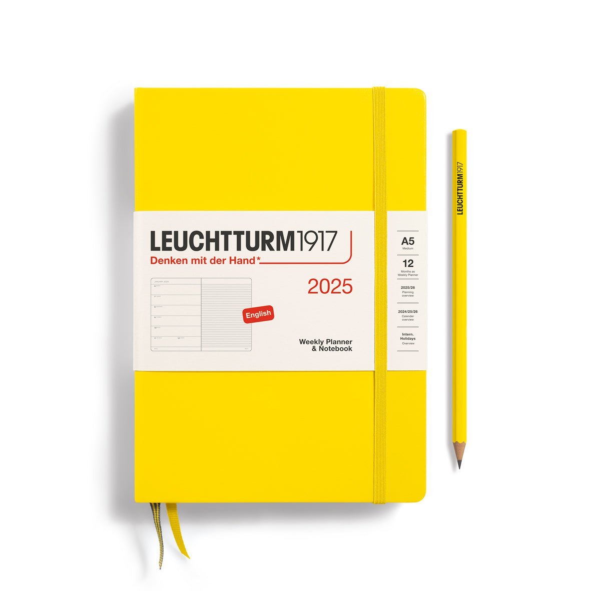 Agenda Semainier & Carnet de Notes Rigide 2025 LEUCHTTURM1917, Anglais - 1 semaine + notes - A5 - Citron - 4004117651786