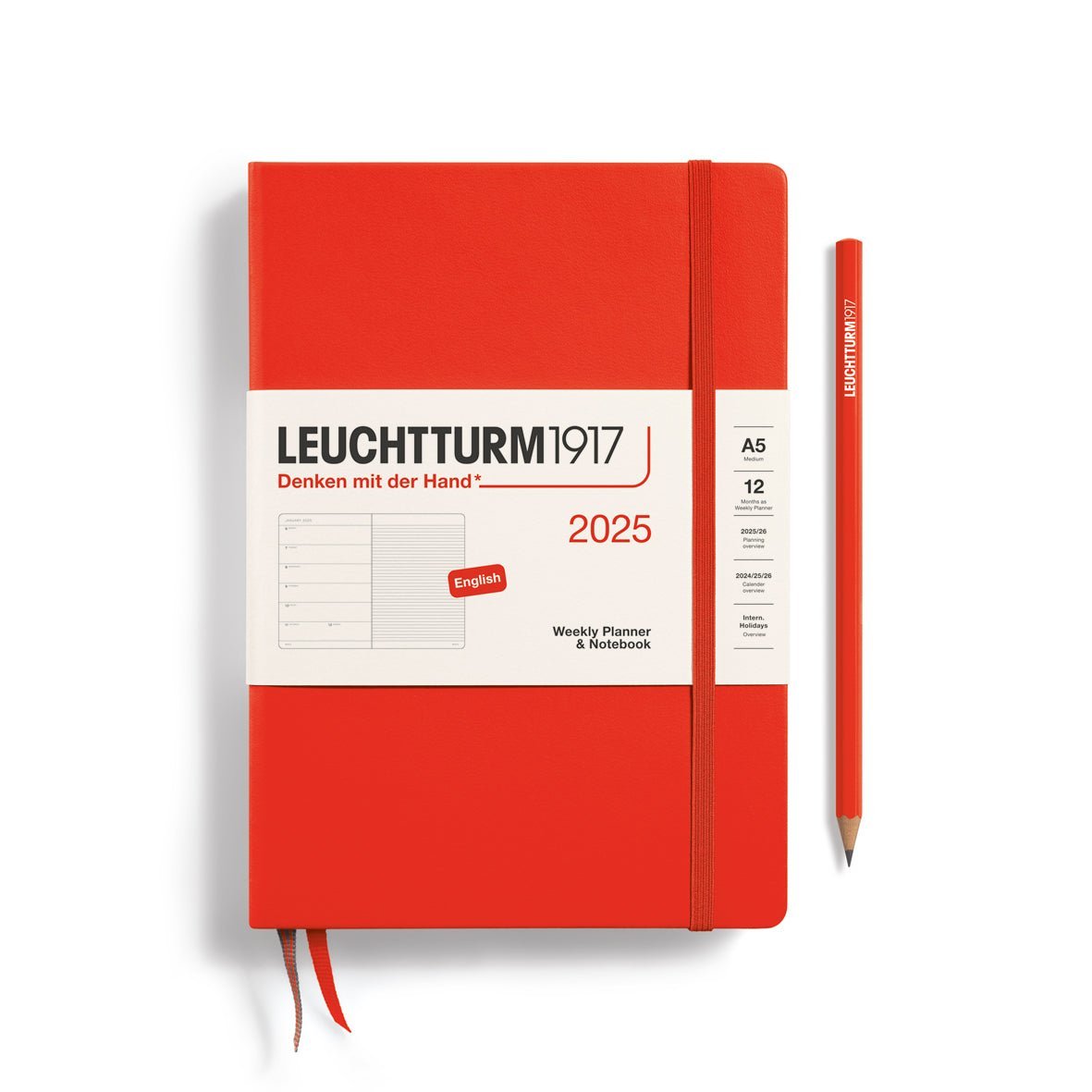Agenda Semainier & Carnet de Notes Rigide 2025 LEUCHTTURM1917, Anglais - 1 semaine + notes - A5 - Lobster - 4004117651762