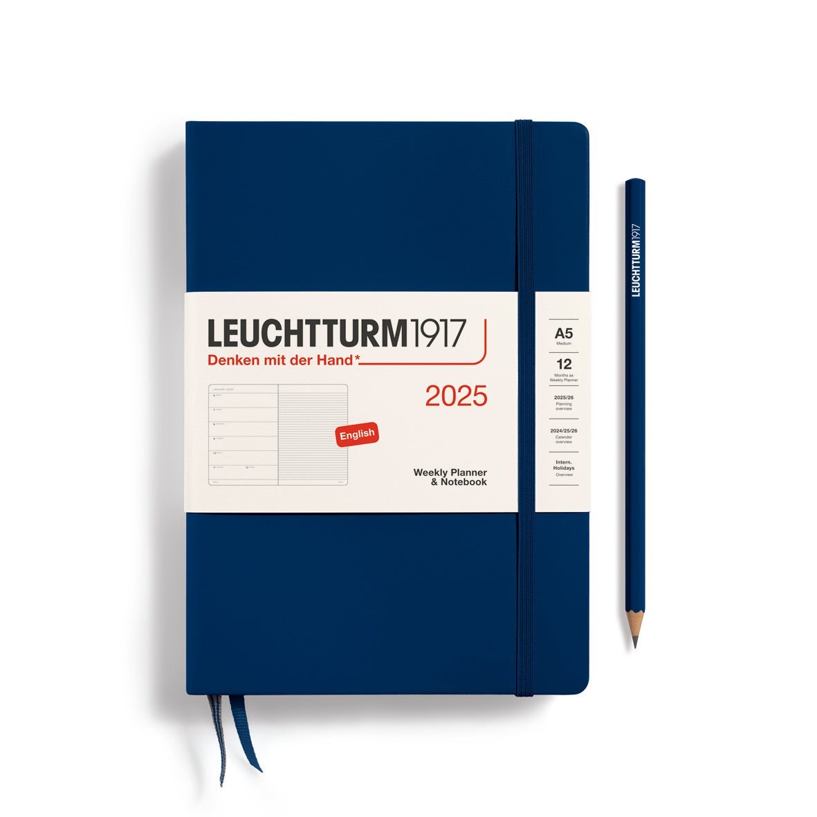 Agenda Semainier & Carnet de Notes Rigide 2025 LEUCHTTURM1917, Anglais - 1 semaine + notes - A5 - Marine - 4004117651854