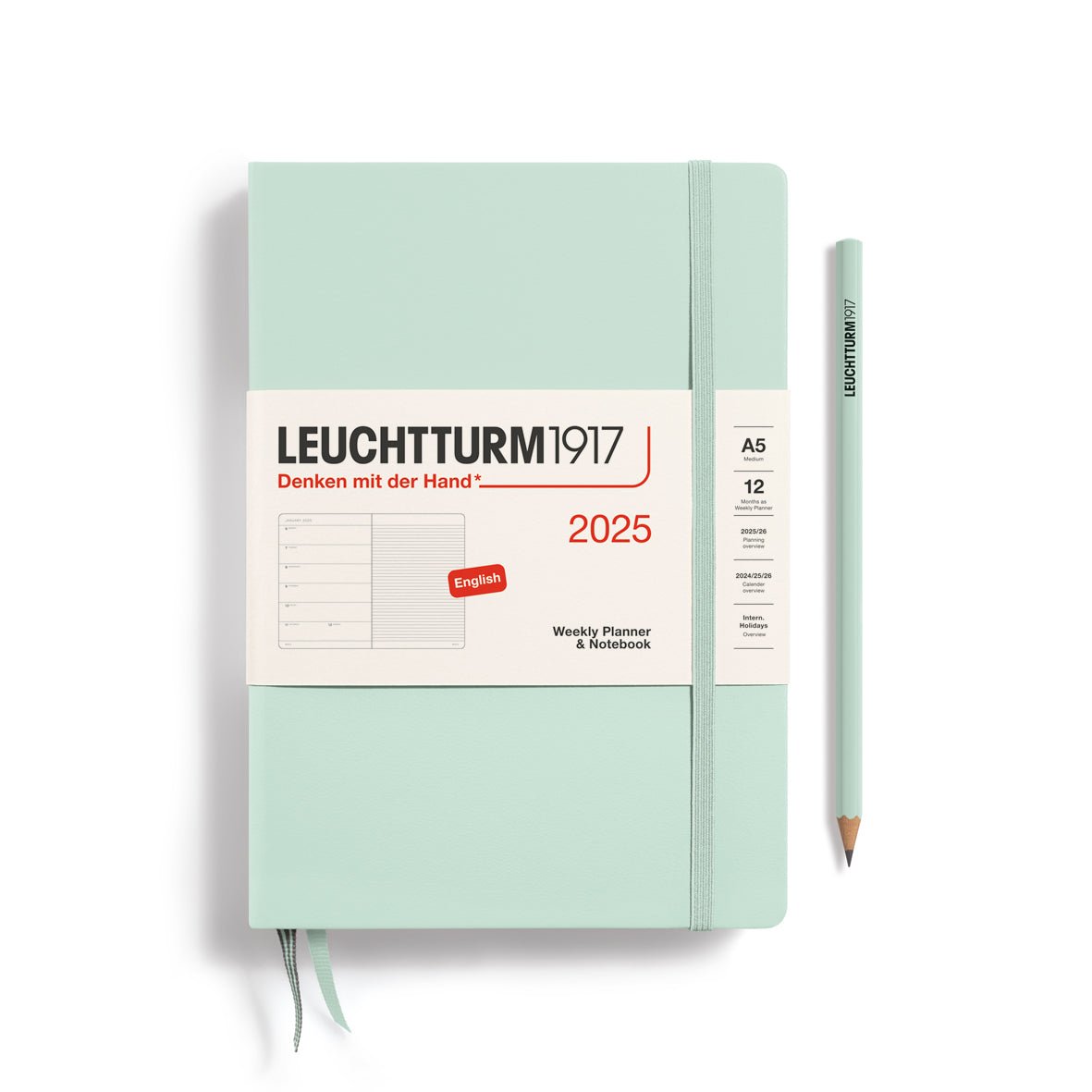 Agenda Semainier & Carnet de Notes Rigide 2025 LEUCHTTURM1917, Anglais - 1 semaine + notes - A5 - Mint green - 4004117651816