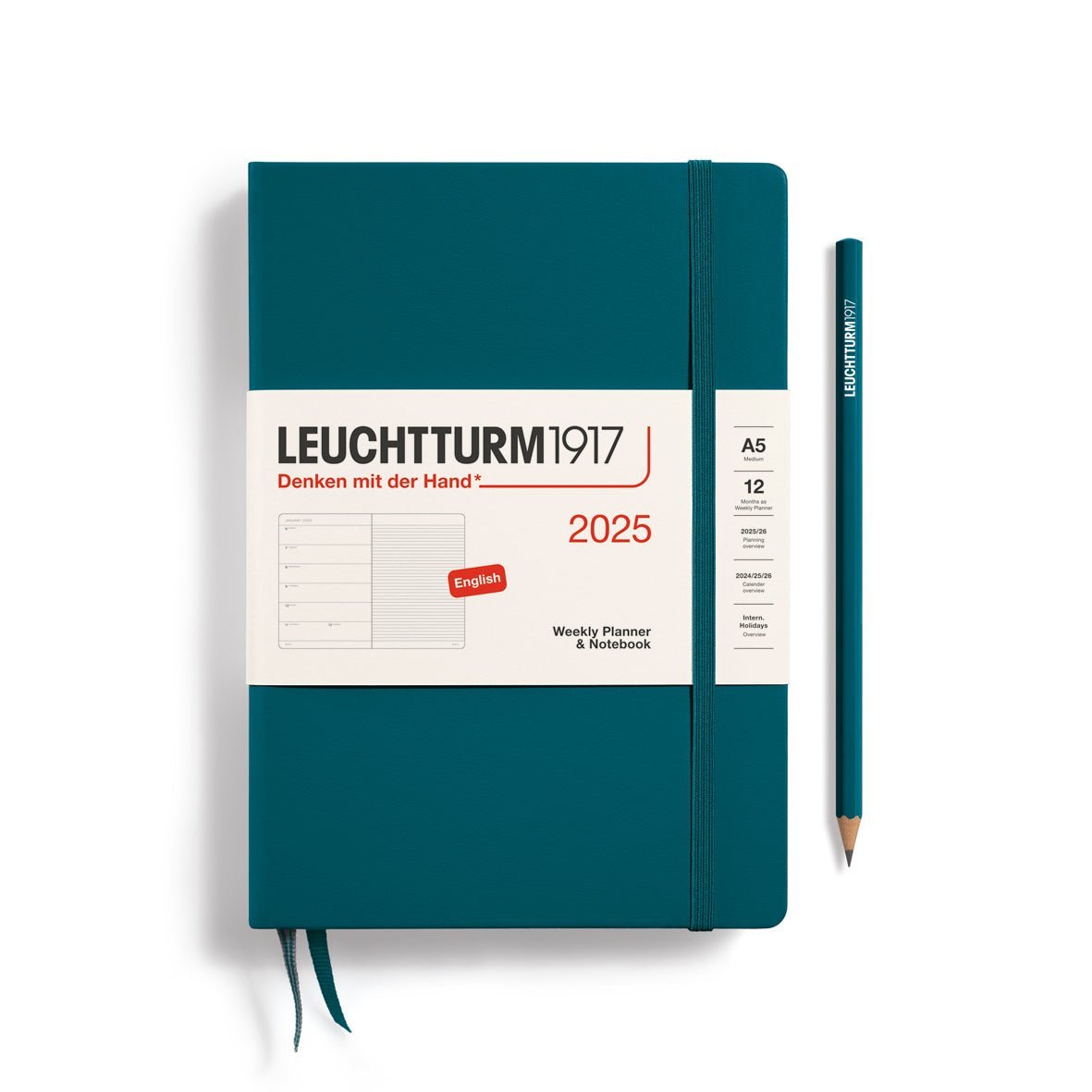 Agenda Semainier & Carnet de Notes Rigide 2025 LEUCHTTURM1917, Anglais - 1 semaine + notes - A5 - Pacific green - 4004117651823