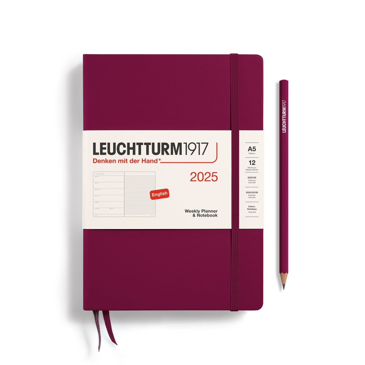 Agenda Semainier & Carnet de Notes Rigide 2025 LEUCHTTURM1917, Anglais - 1 semaine + notes - A5 - Port Red - 4004117651755