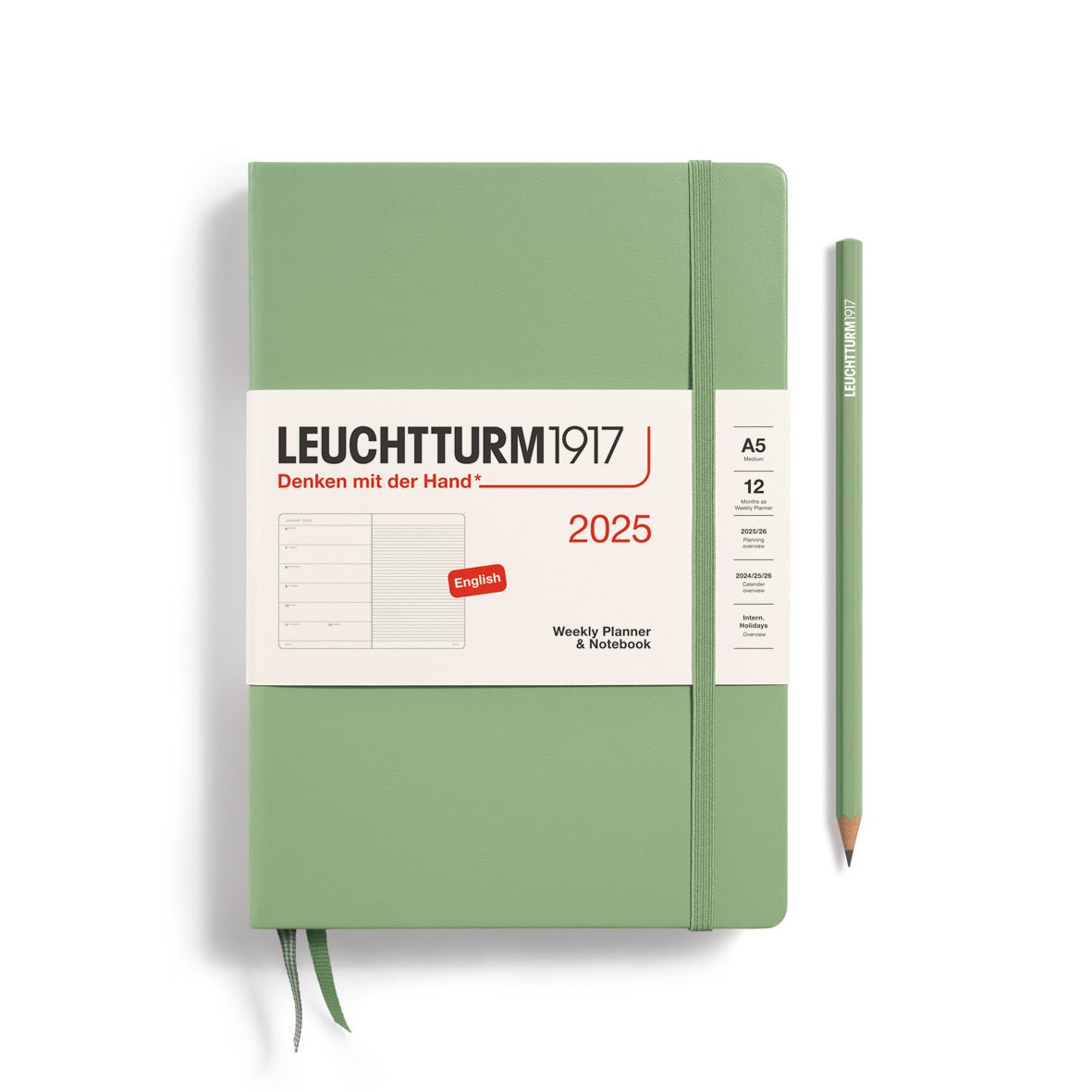 Agenda Semainier & Carnet de Notes Rigide 2025 LEUCHTTURM1917, Anglais - 1 semaine + notes - A5 - Sage - 4004117651793