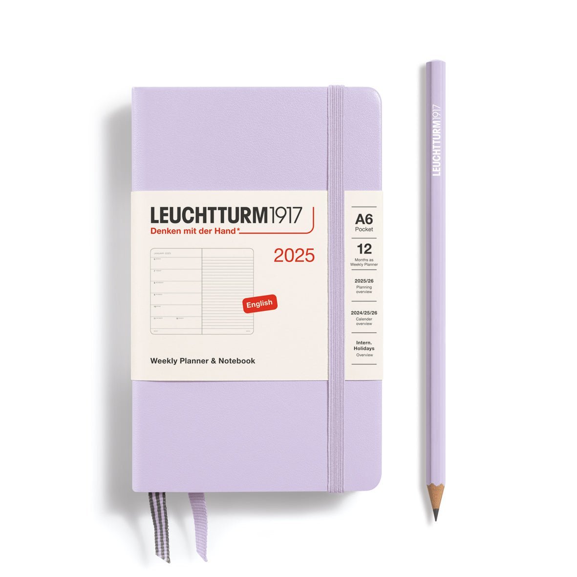 Agenda Semainier & Carnet de Notes Rigide 2025 LEUCHTTURM1917, Anglais - 1 semaine + notes - A6 - Lilac - 4004117650987