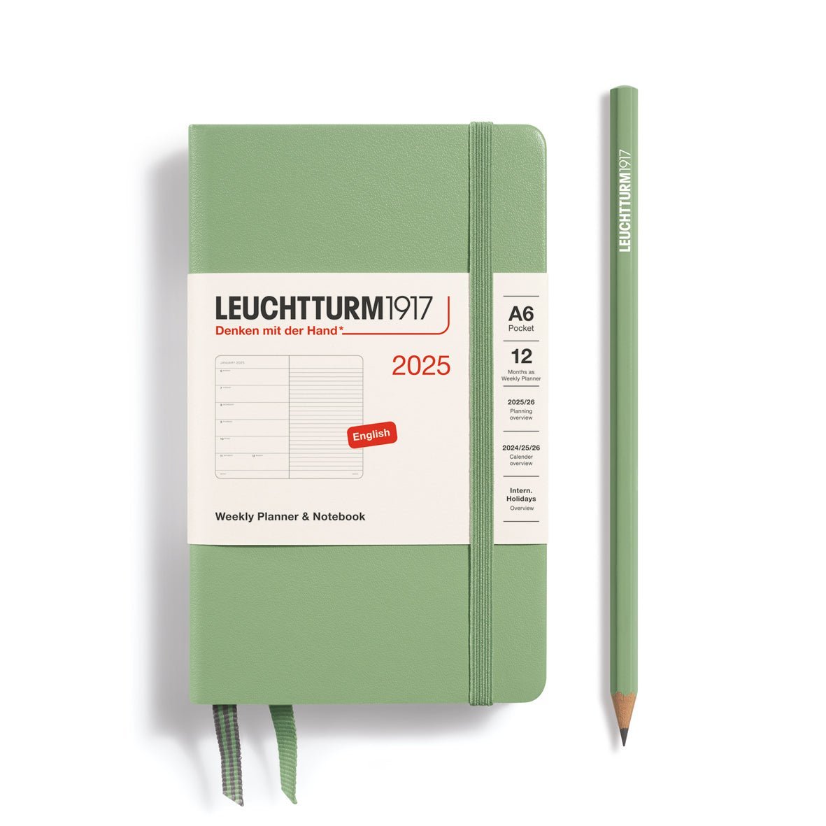 Agenda Semainier & Carnet de Notes Rigide 2025 LEUCHTTURM1917, Anglais - 1 semaine + notes - A6 - Sage - 4004117651014