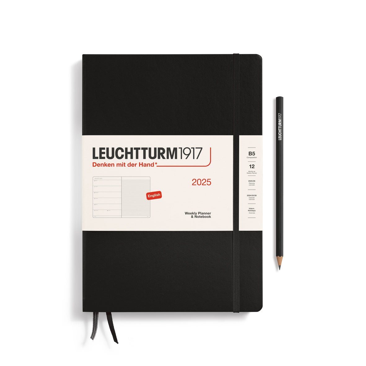 Agenda Semainier & Carnet de Notes Rigide 2025 LEUCHTTURM1917, Anglais - 1 semaine + notes - B5 - Black - 4004117650918