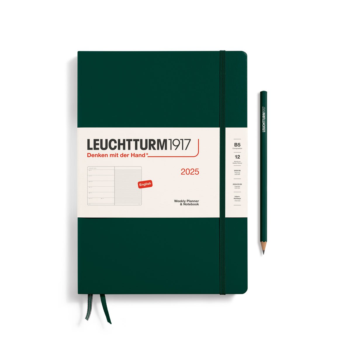 Agenda Semainier & Carnet de Notes Rigide 2025 LEUCHTTURM1917, Anglais - 1 semaine + notes - B5 - Forest Green - 4004117650956