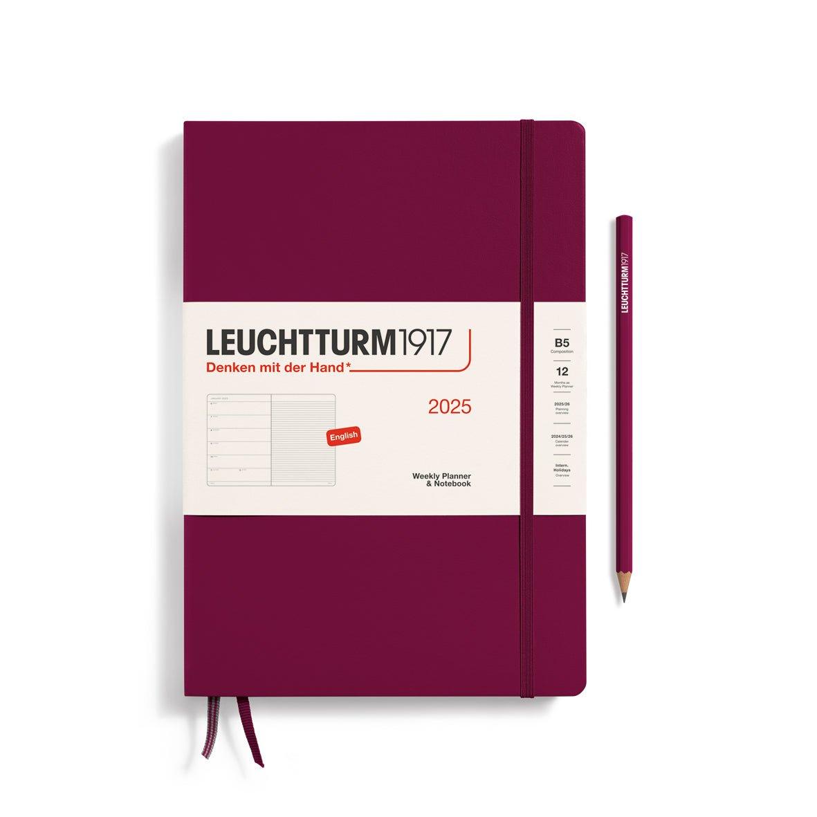 Agenda Semainier & Carnet de Notes Rigide 2025 LEUCHTTURM1917, Anglais - 1 semaine + notes - B5 - Port Red - 4004117650932