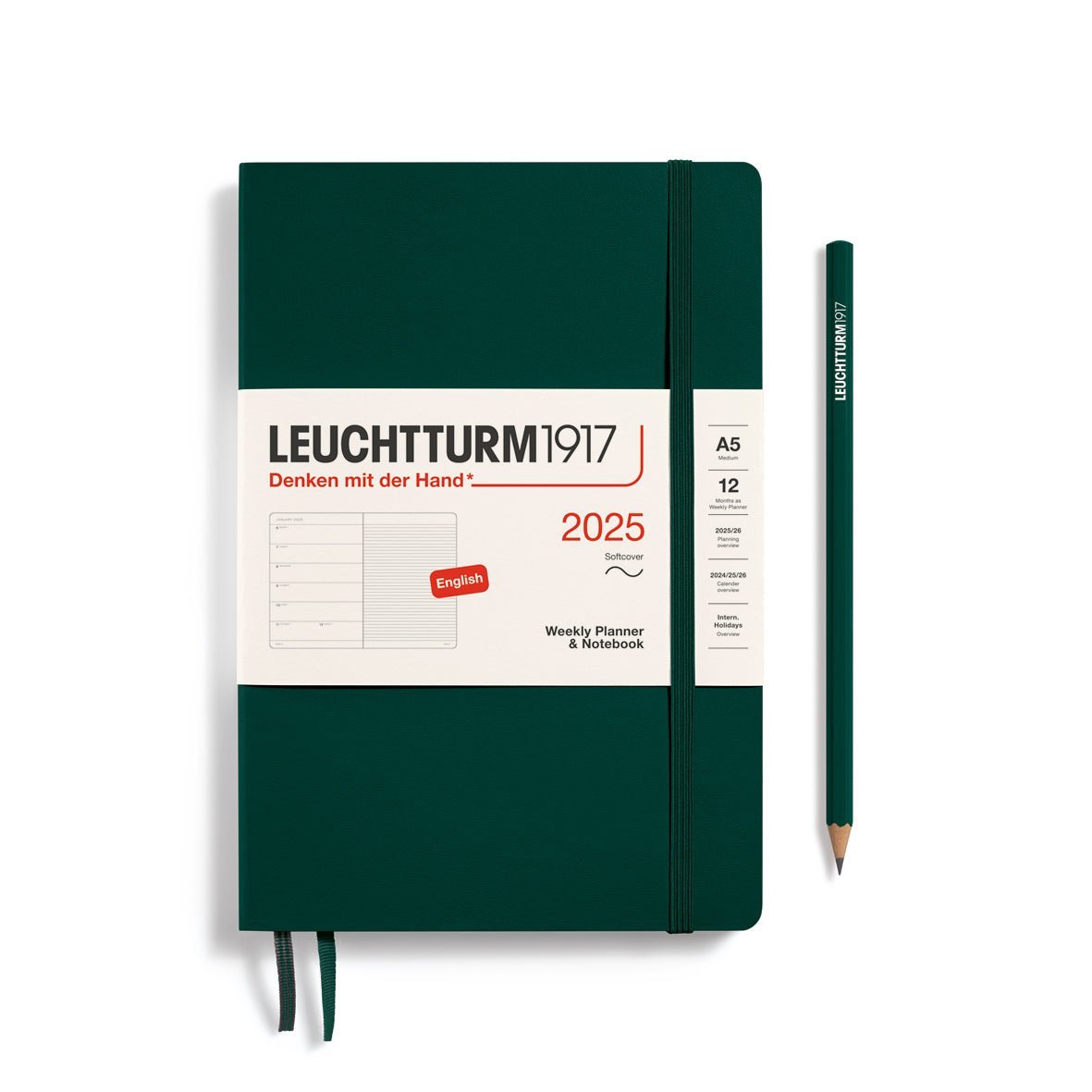Agenda Semainier & Carnet de Notes Souple 2025 LEUCHTTURM1917, Anglais - 1 semaine + notes - A5 - Forest Green - 4004117651946