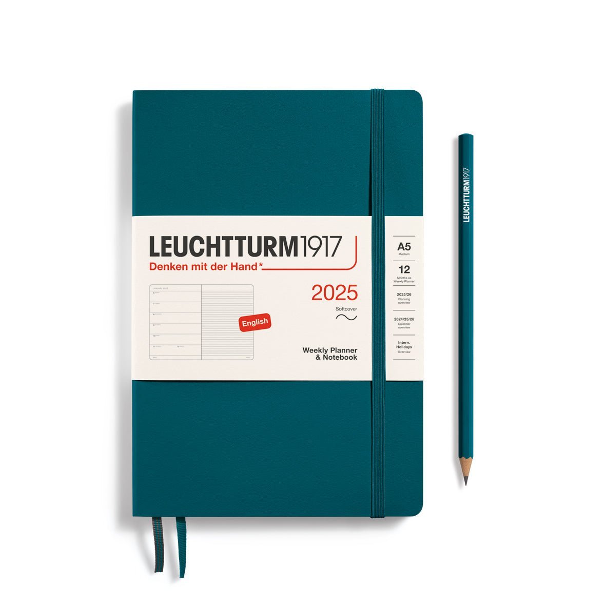 Agenda Semainier & Carnet de Notes Souple 2025 LEUCHTTURM1917, Anglais - 1 semaine + notes - A5 - Pacific green - 4004117651960