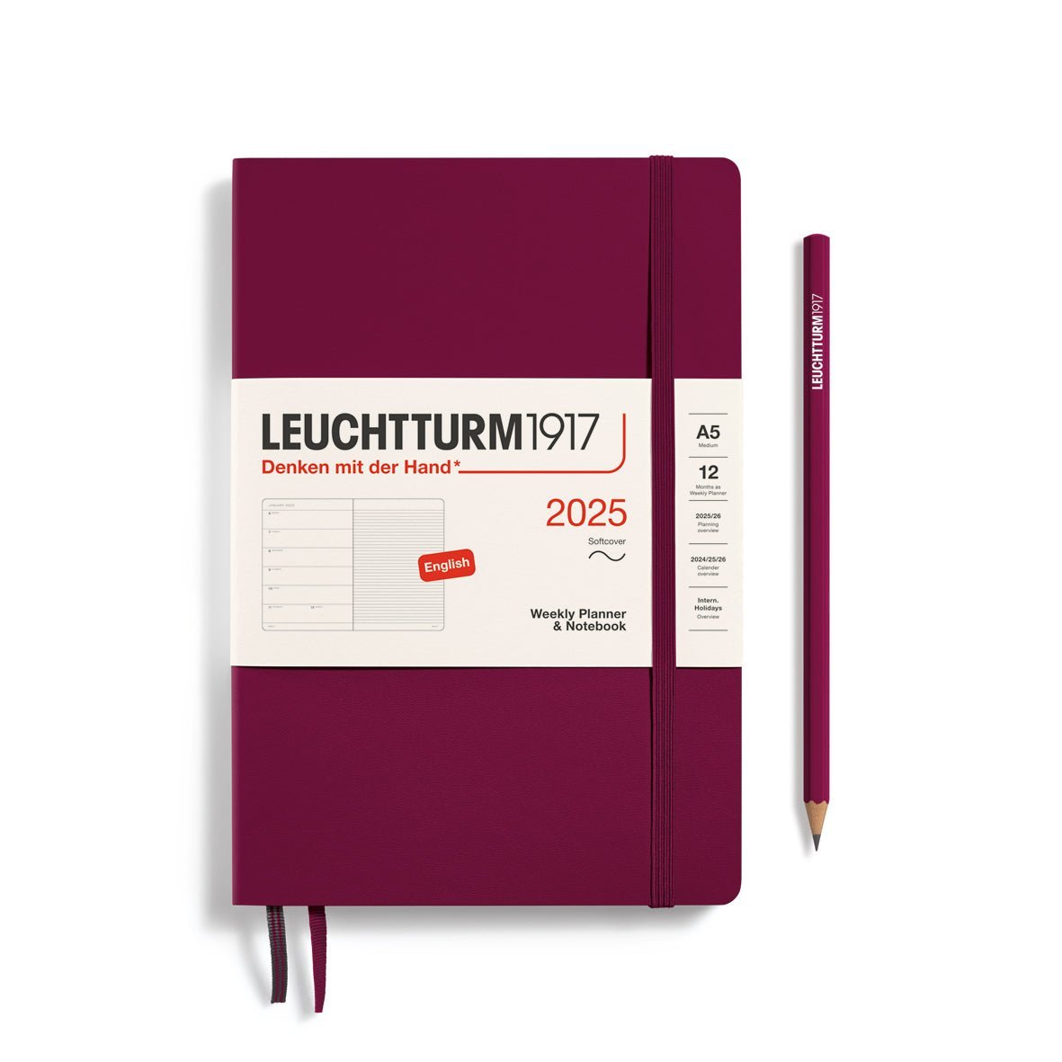 Agenda Semainier & Carnet de Notes Souple 2025 LEUCHTTURM1917, Anglais - 1 semaine + notes - A5 - Port Red - 4004117651892