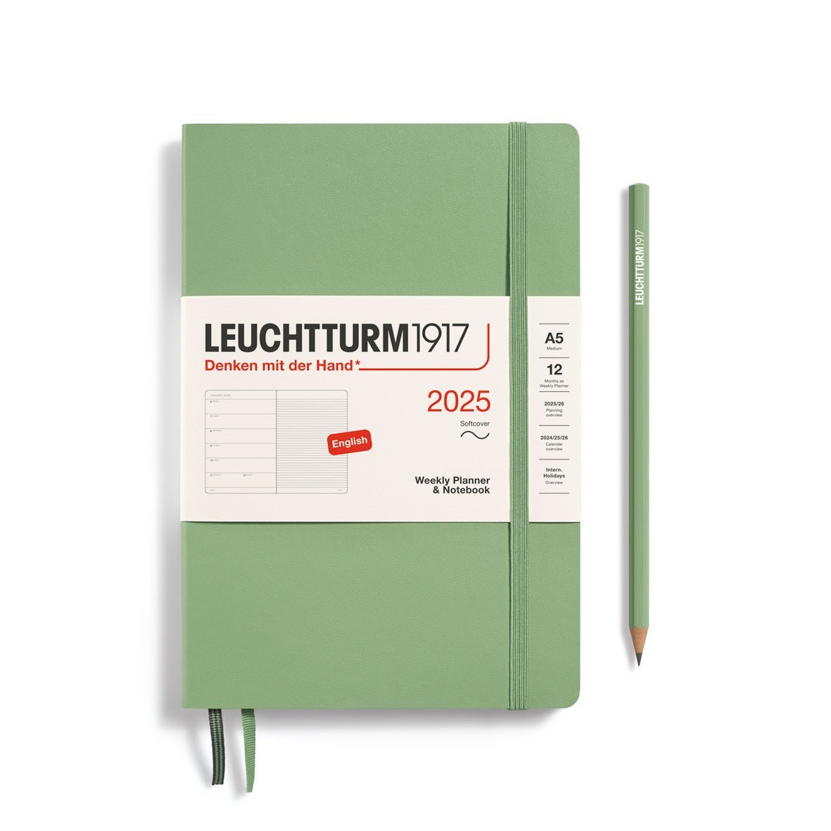 Agenda Semainier & Carnet de Notes Souple 2025 LEUCHTTURM1917, Anglais - 1 semaine + notes - A5 - Sage - 4004117651939