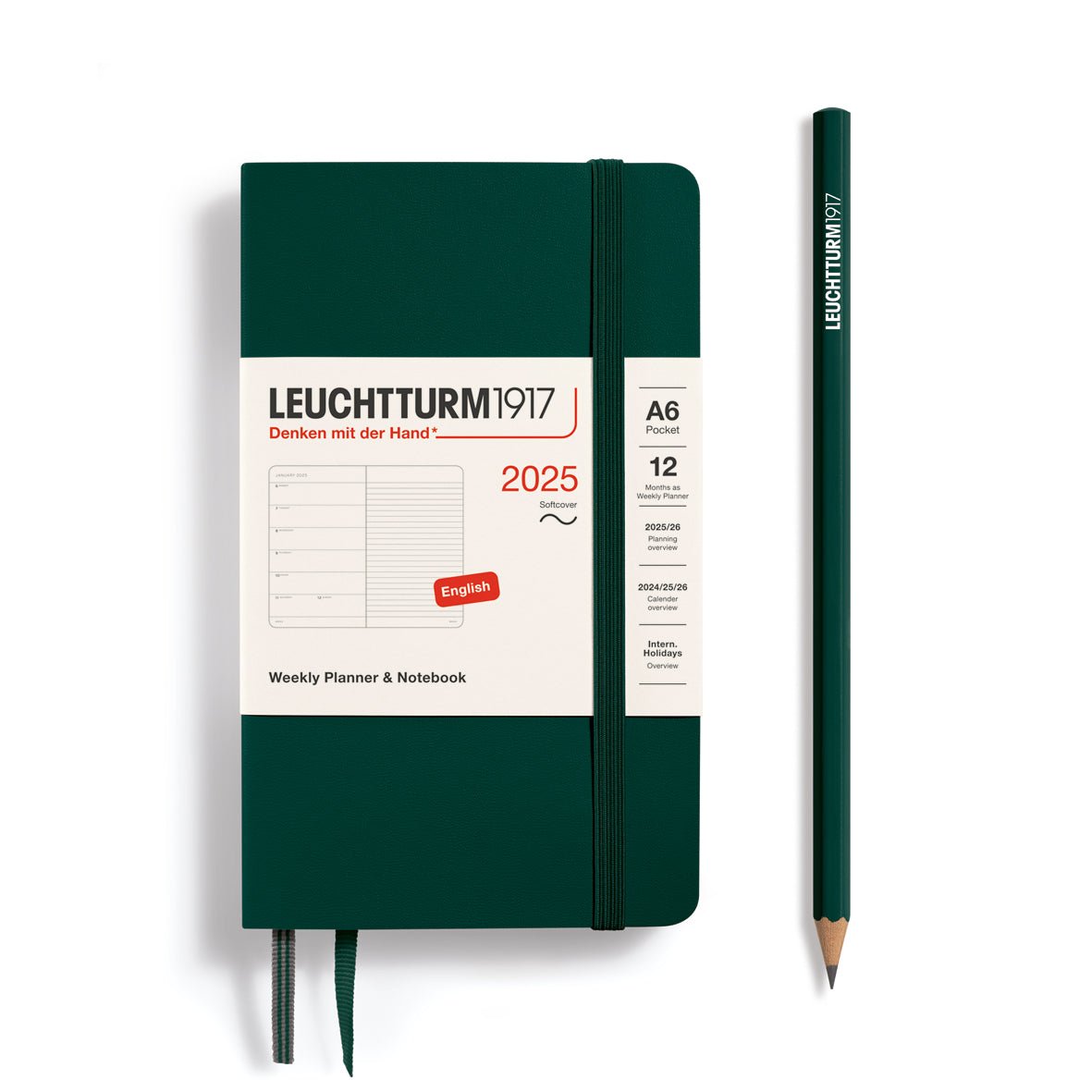 Agenda Semainier & Carnet de Notes Souple 2025 LEUCHTTURM1917, Anglais - 1 semaine + notes - A6 - Forest Green - 4004117652059
