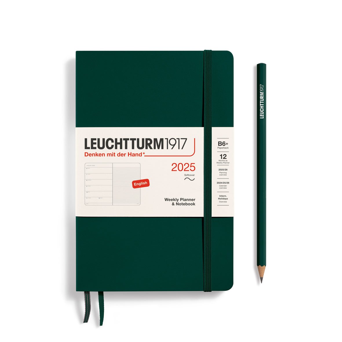 Agenda Semainier & Carnet de Notes Souple 2025 LEUCHTTURM1917, Anglais - 1 semaine + notes - B6+ - Forest Green - 4004117651106