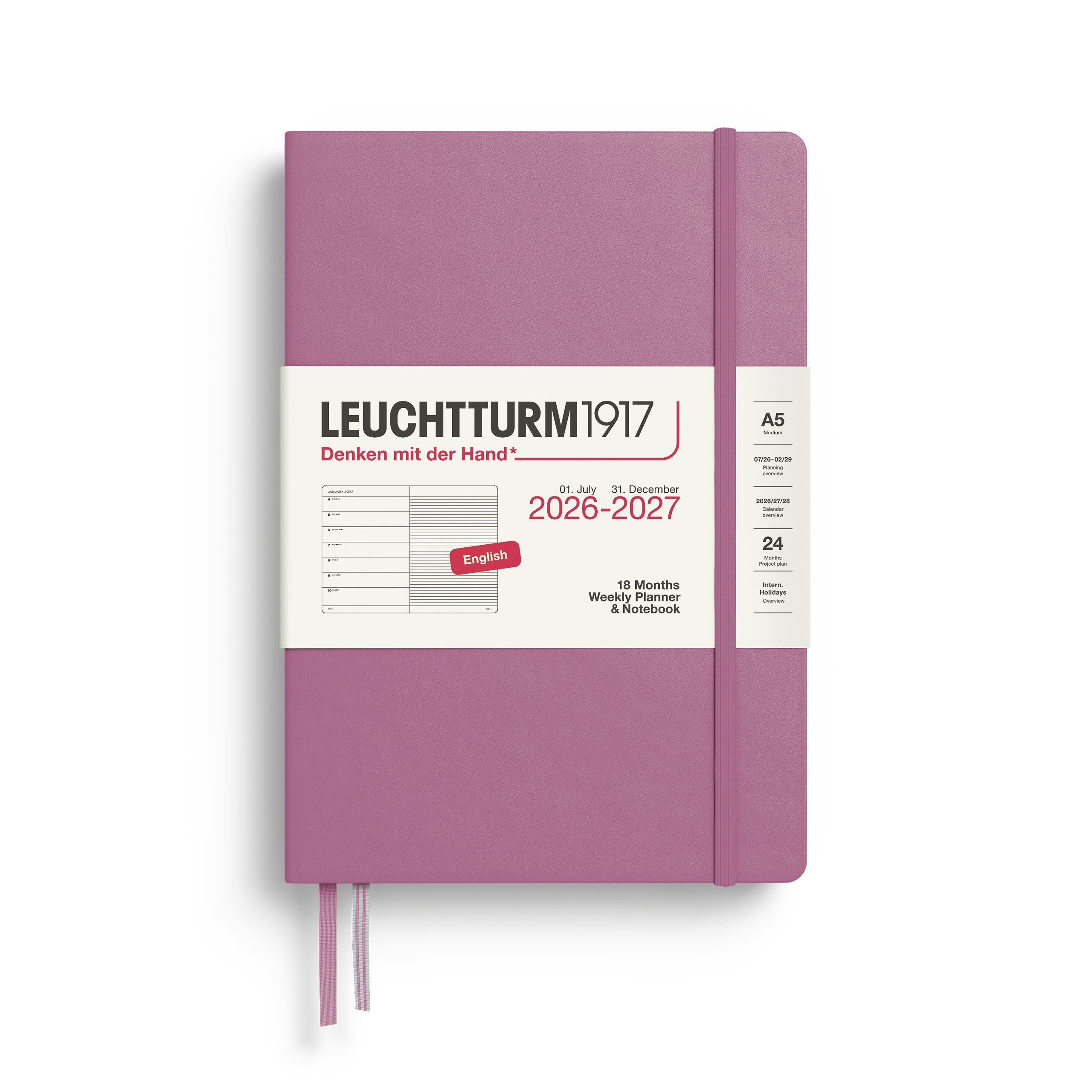 Agenda Semainier & Note Ligné 2026 - 2027 (18 mois) LEUCHTTURM1917, Anglais - A5 - Hardcover - Dusty Rose - 4070292003320