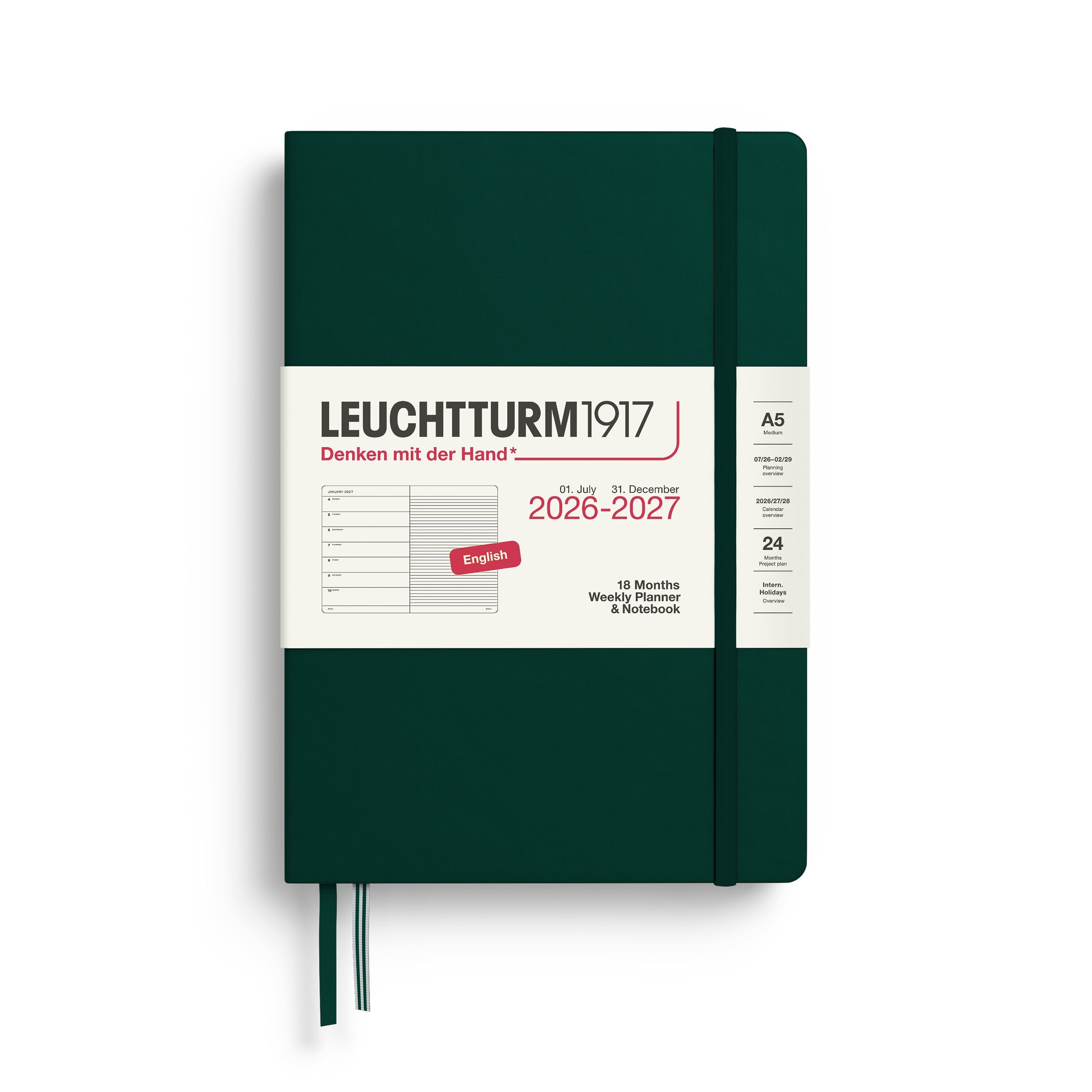 Agenda Semainier & Note Ligné 2026 - 2027 (18 mois) LEUCHTTURM1917, Anglais - A5 - Hardcover - Forest Green - 4070292003344