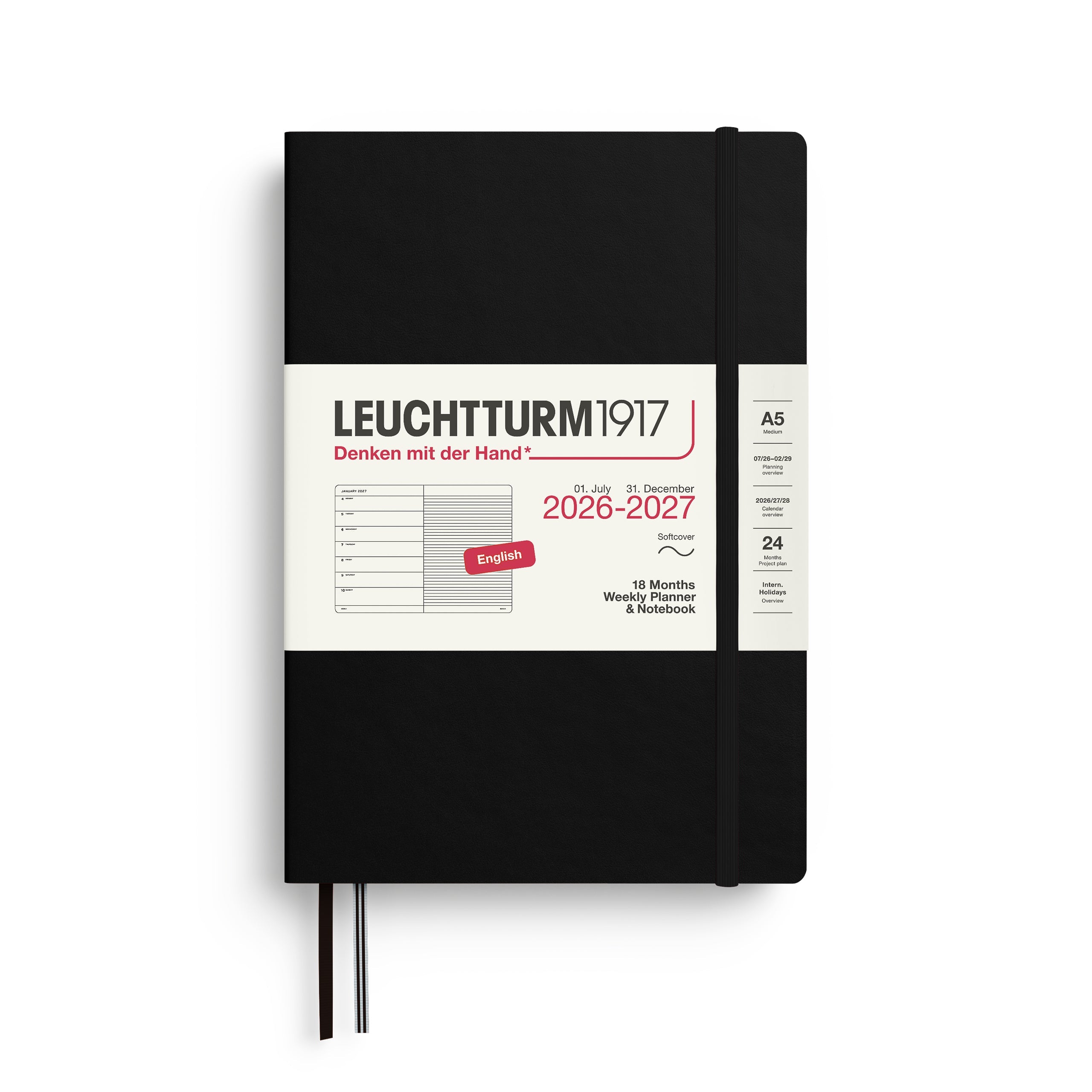 Agenda Semainier & Note Ligné 2026 - 2027 (18 mois) LEUCHTTURM1917, Anglais - A5 - Softcover - Black - 4070292003351
