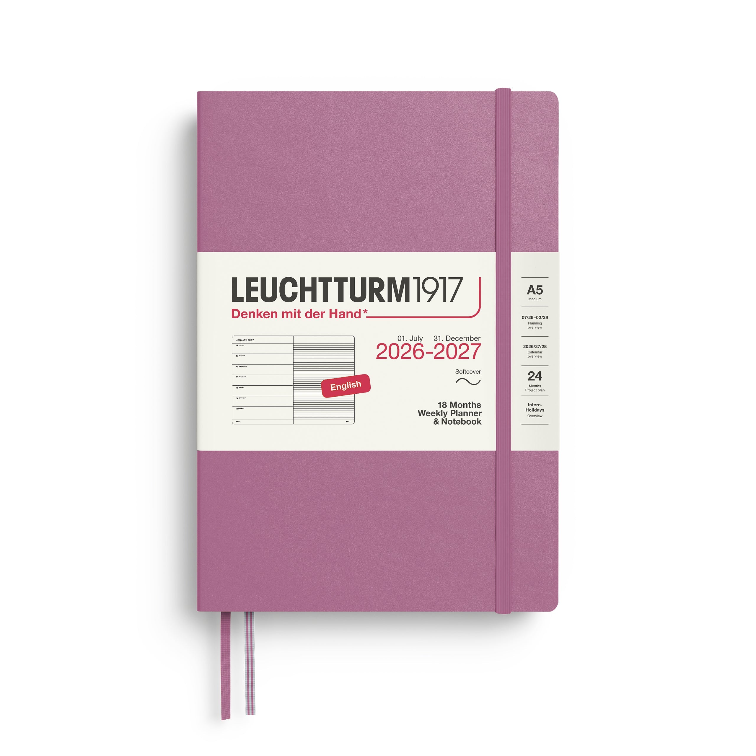 Agenda Semainier & Note Ligné 2026 - 2027 (18 mois) LEUCHTTURM1917, Anglais - A5 - Softcover - Dusty Rose - 4070292003368