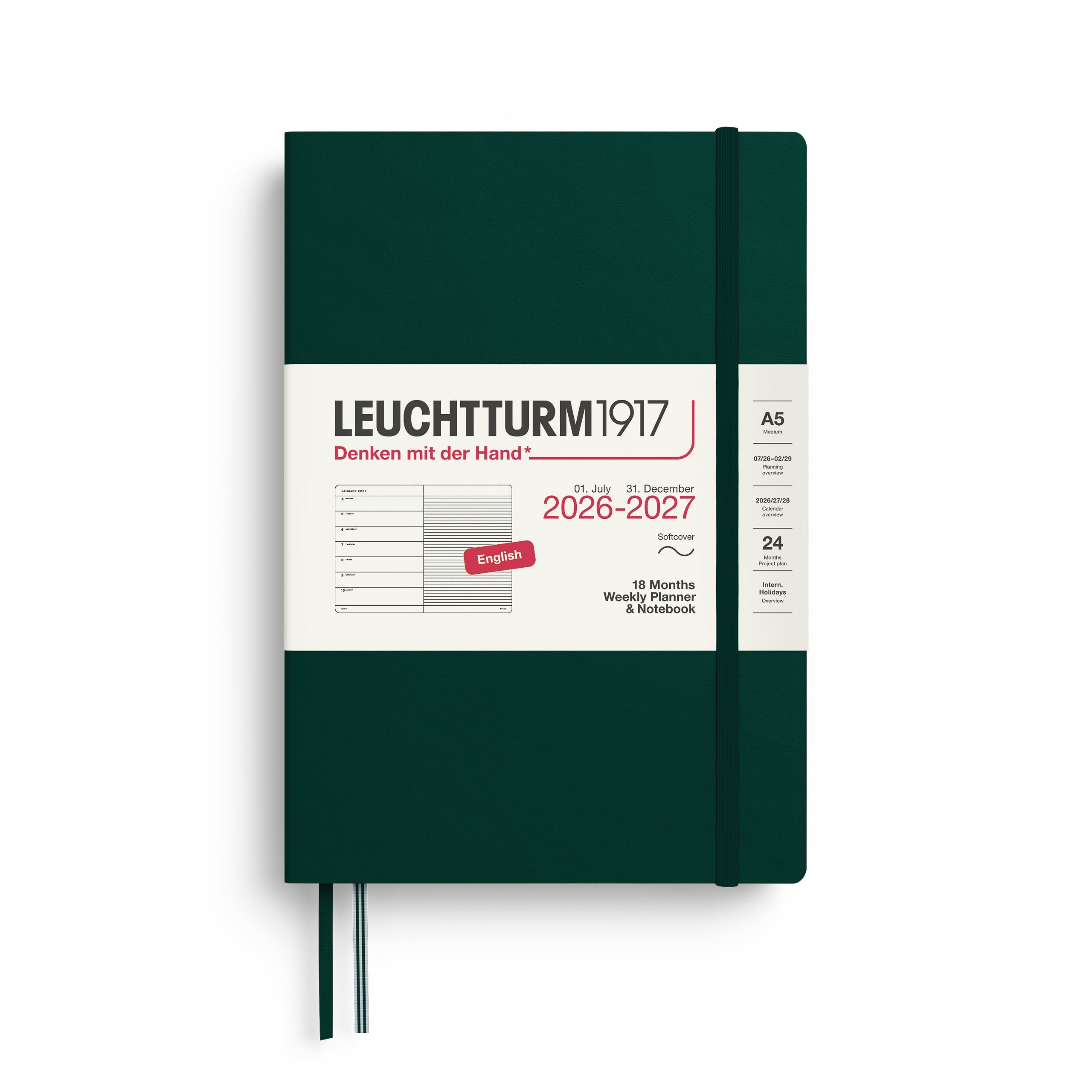 Agenda Semainier & Note Ligné 2026 - 2027 (18 mois) LEUCHTTURM1917, Anglais - A5 - Softcover - Forest Green - 4070292003382