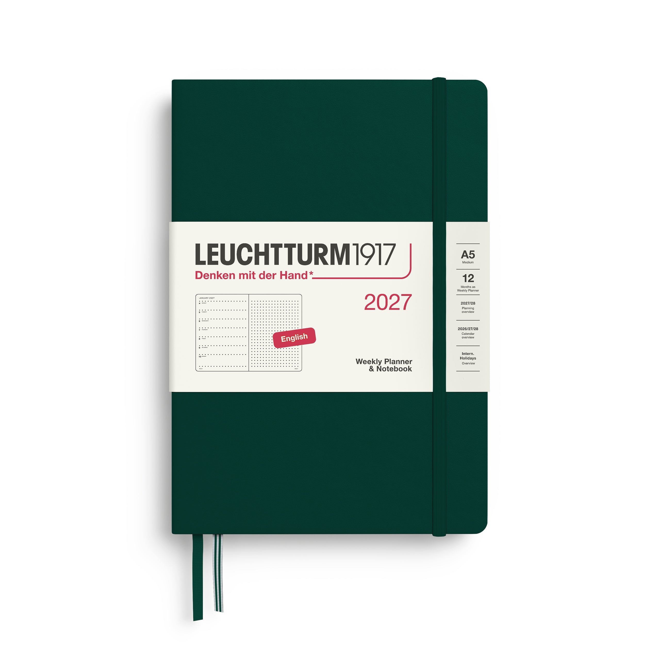 Agenda Semainier & Note Pointillé 2027 LEUCHTTURM1917, Anglais - A5 - Hardcover - Forest Green - 4070292002484