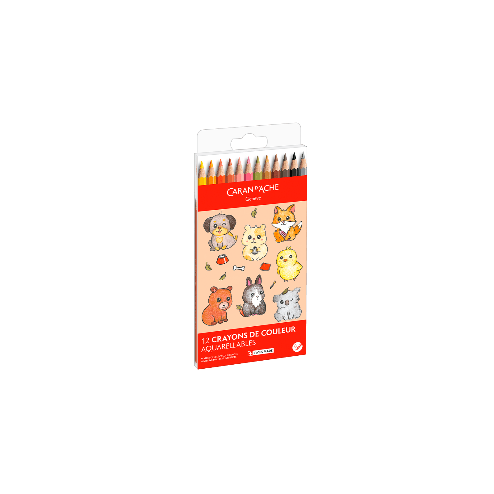 Crayons de couleur aquarellables SWISSCOLOR Aquarelle - Set 12 couleurs Kawaii Cute Animals - CARAN D'ACHE - 7630002364867