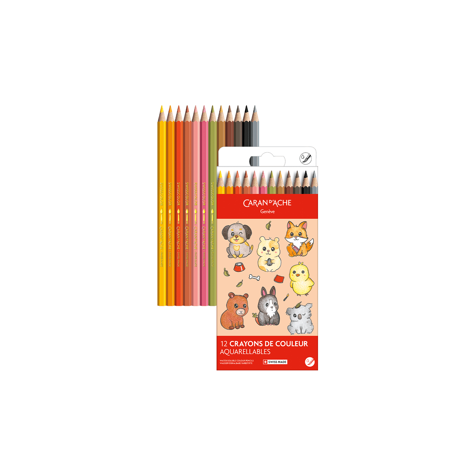 Crayons de couleur aquarellables SWISSCOLOR Aquarelle - Set 12 couleurs Kawaii Cute Animals - CARAN D'ACHE - 7630002364867