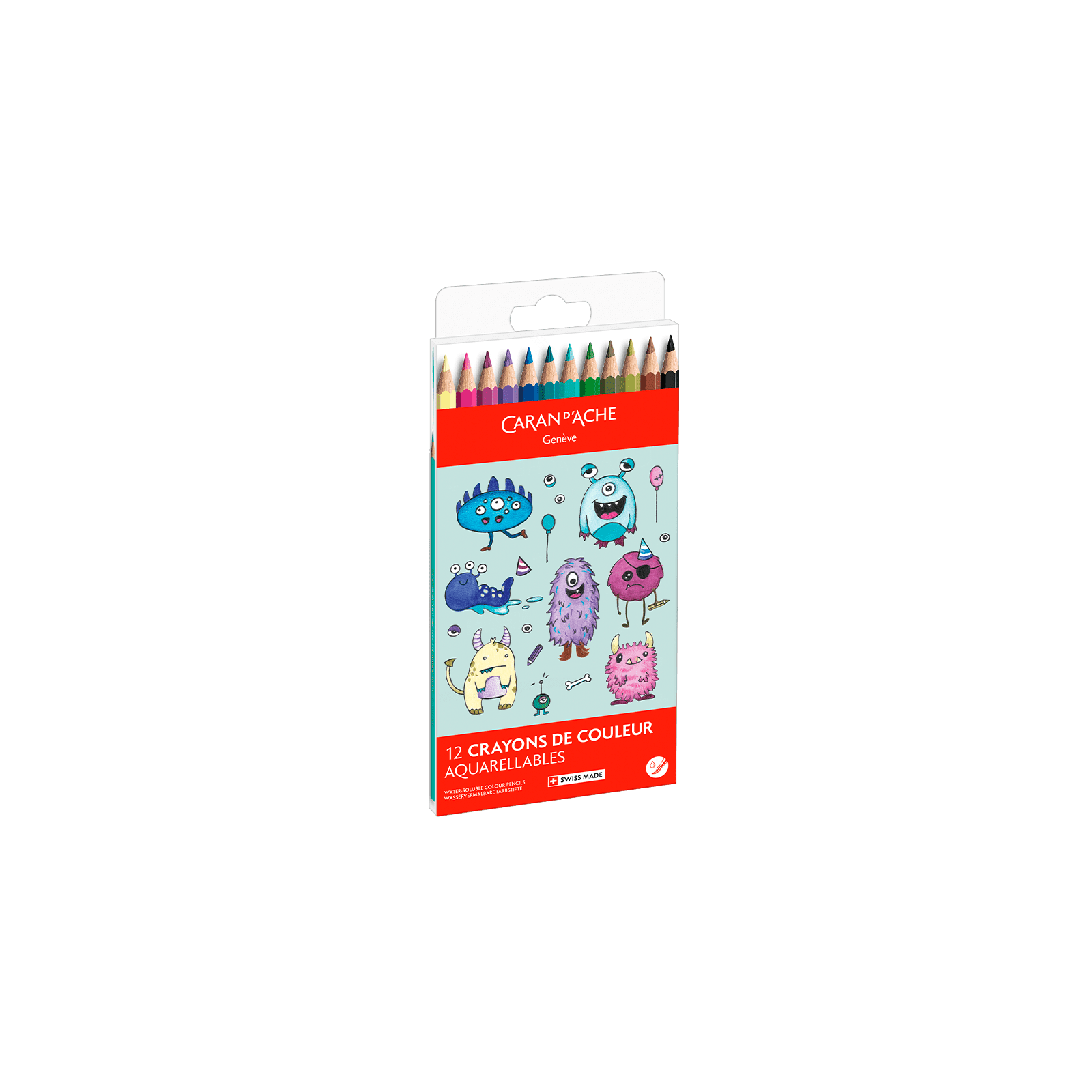 Crayons de couleur aquarellables SWISSCOLOR Aquarelle - Set 12 couleurs Kawaii Funny Monsters - CARAN D'ACHE - 7630002364782