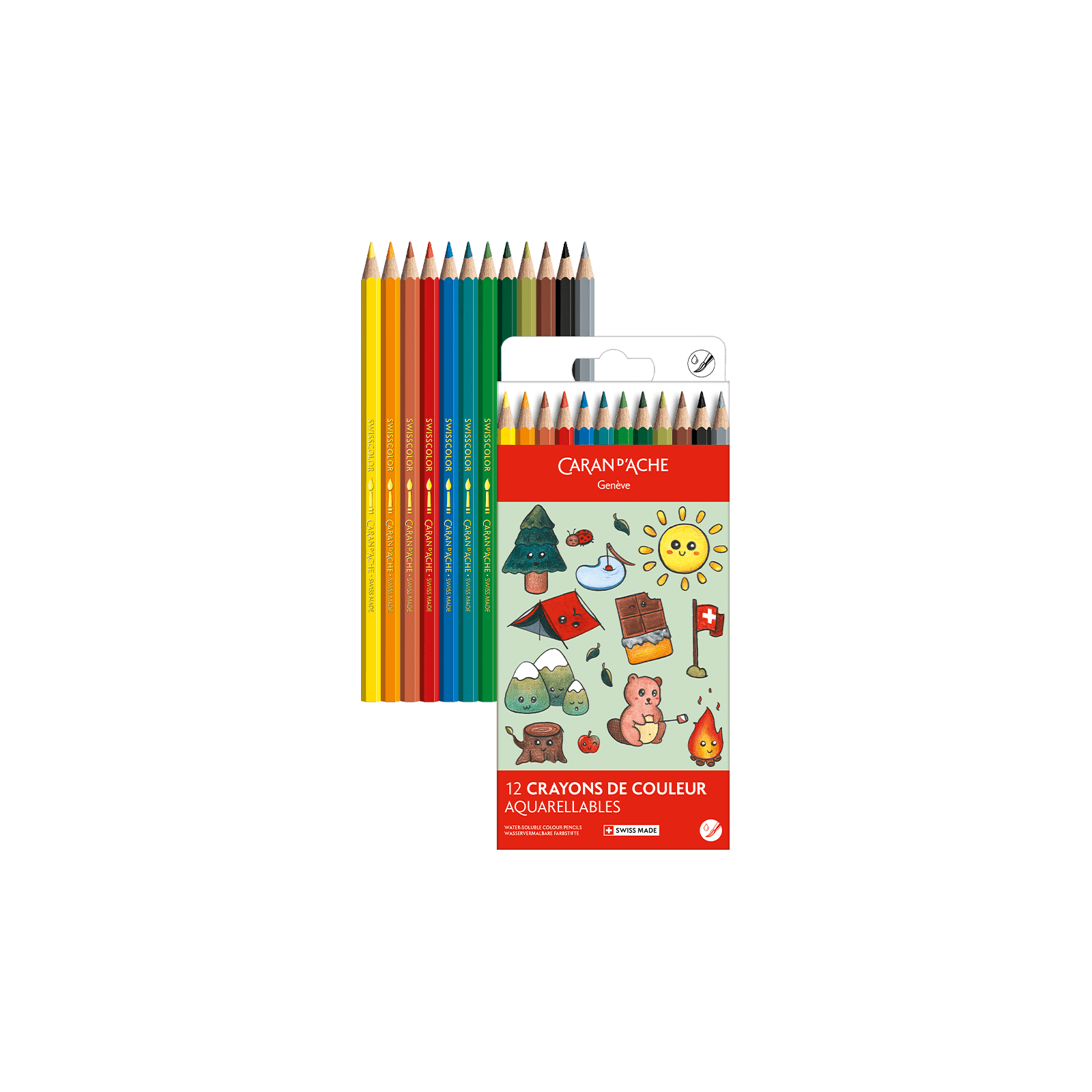 Crayons de couleur aquarellables SWISSCOLOR Aquarelle - Set 12 couleurs Kawaii Swiss Mountains - CARAN D'ACHE - 7630002364874