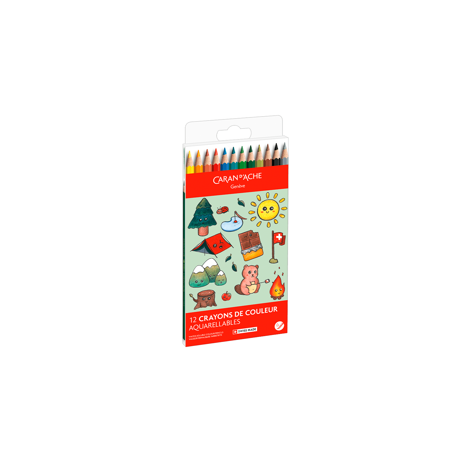 Crayons de couleur aquarellables SWISSCOLOR Aquarelle - Set 12 couleurs Kawaii Swiss Mountains - CARAN D'ACHE - 7630002364874
