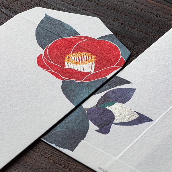 Enveloppes MIDORI Camélia Rouge et Blanc - 18.8 x 9 cm - Illustré - 4902805871464