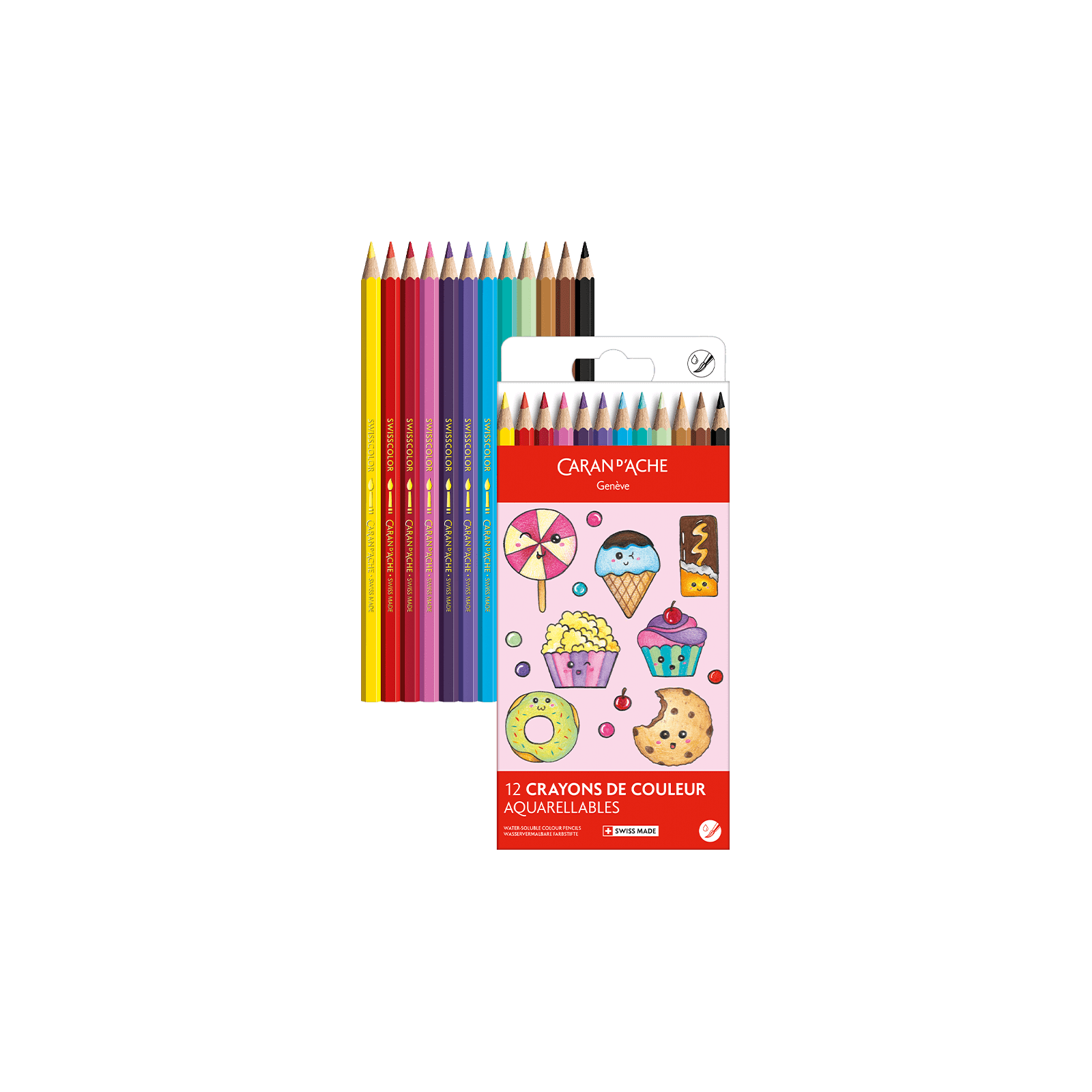 Crayons de couleur aquarellables SWISSCOLOR Aquarelle - Set 12 couleurs Kawaii Candy World - CARAN D'ACHE