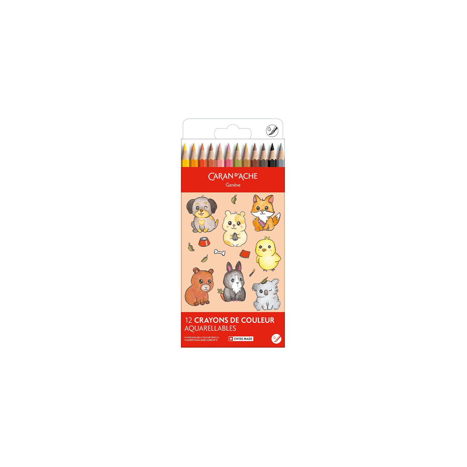 Crayons de couleur aquarellables SWISSCOLOR Aquarelle - Set 12 couleurs Kawaii Cute Animals - CARAN D'ACHE