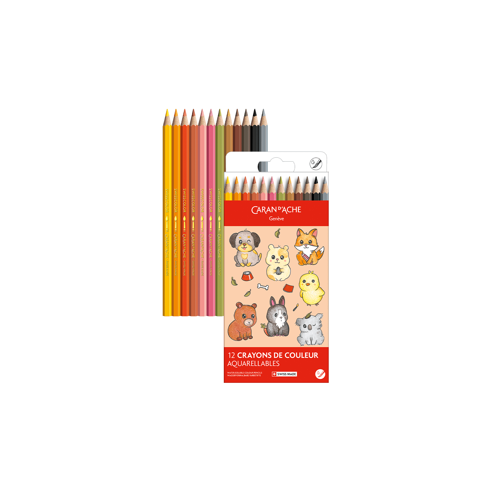 Crayons de couleur aquarellables SWISSCOLOR Aquarelle - Set 12 couleurs Kawaii Cute Animals - CARAN D'ACHE