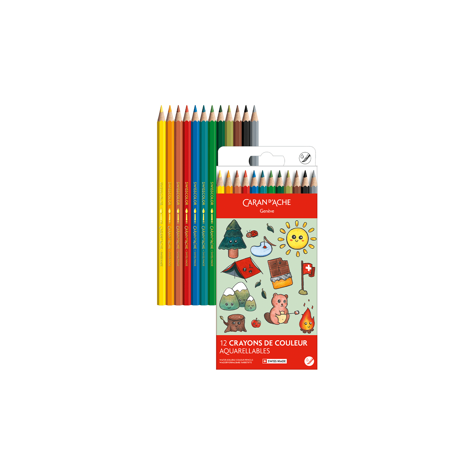 Crayons de couleur aquarellables SWISSCOLOR Aquarelle - Set 12 couleurs Kawaii Swiss Mountains - CARAN D'ACHE