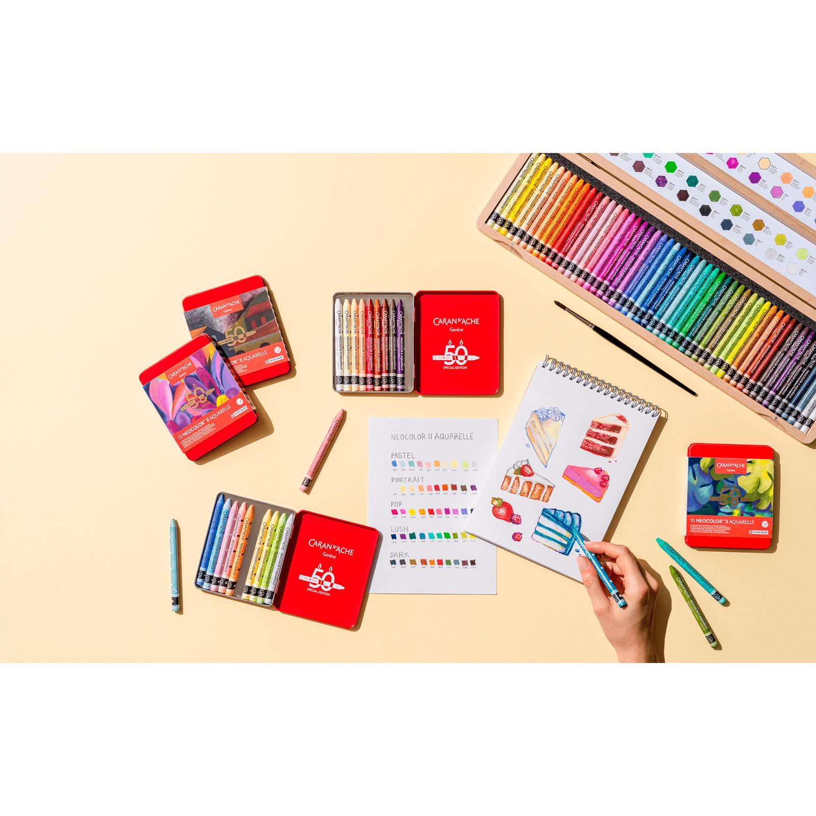 Pastels à la cire aquarellables NEOCOLOR II Aquarelle Portrait Édition Spéciale 50 ans - Boîte métal 10 couleurs - CARAN D'ACHE - 7630002360197