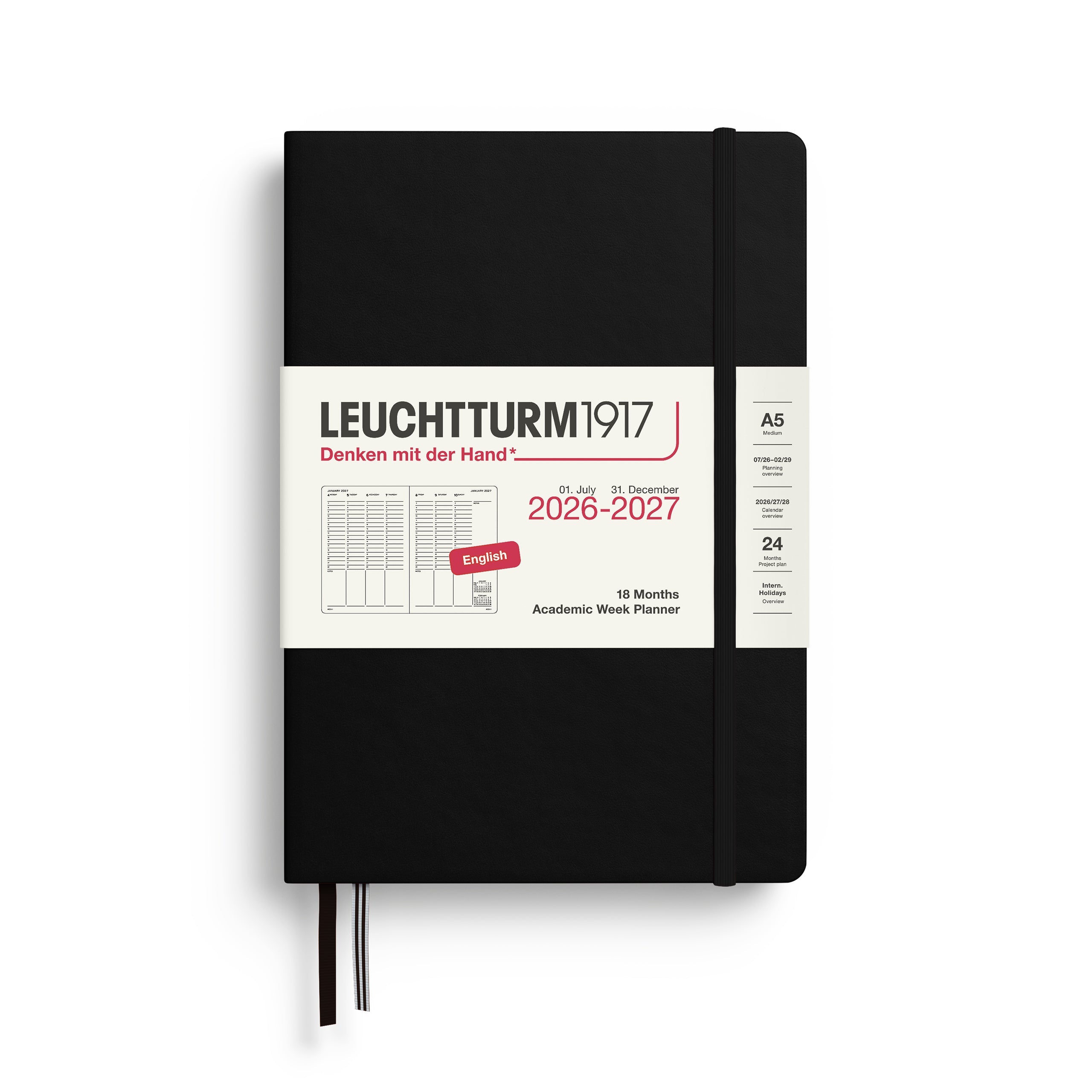 Planificateur Semainier Universitaire 2026 - 2027 (18 mois) LEUCHTTURM1917, Anglais - A5 - Hardcover - Black - 4070292003436
