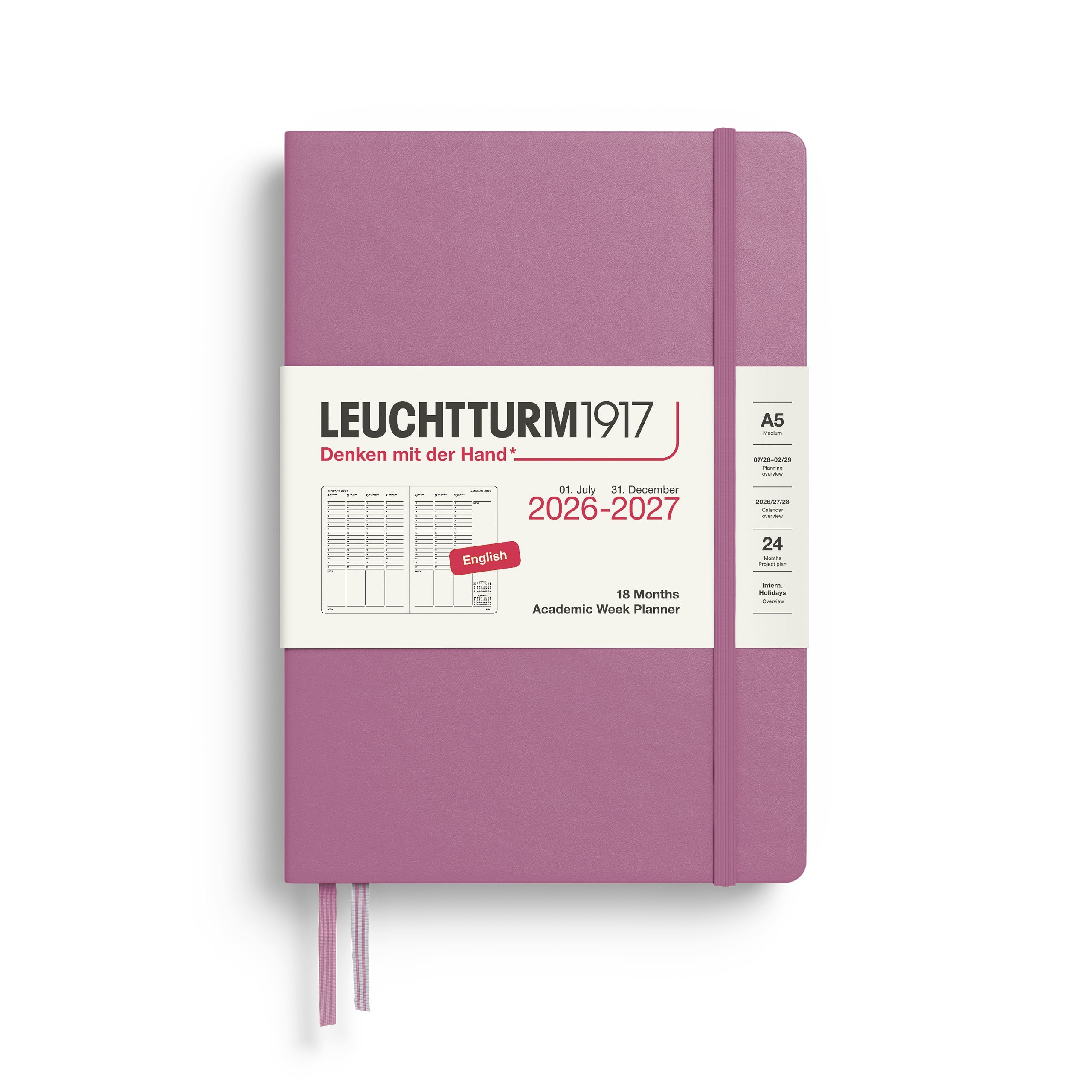 Planificateur Semainier Universitaire 2026 - 2027 (18 mois) LEUCHTTURM1917, Anglais - A5 - Hardcover - Dusty Rose - 4070292003443