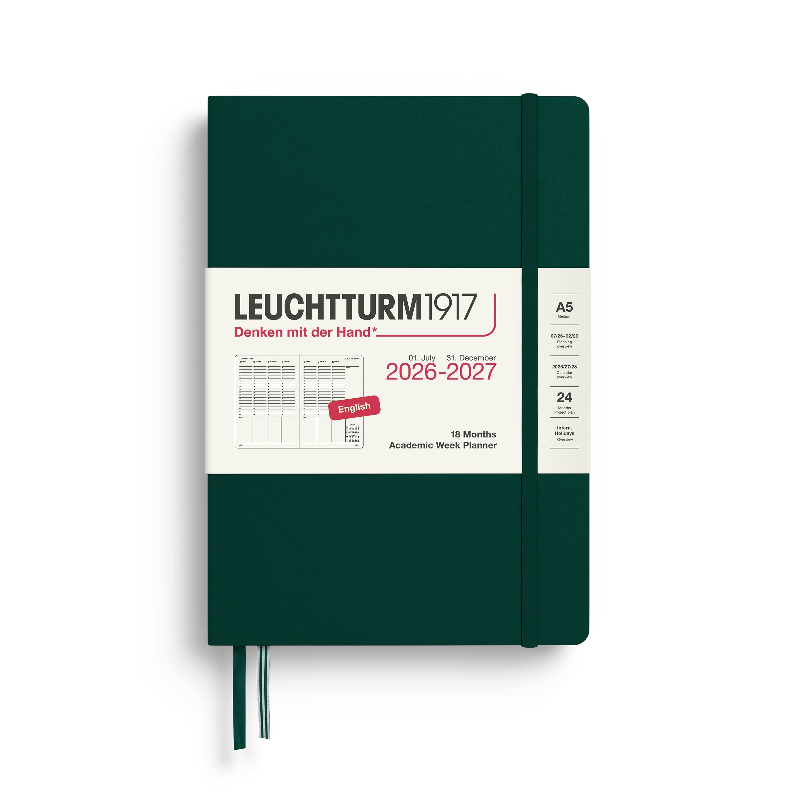 Planificateur Semainier Universitaire 2026 - 2027 (18 mois) LEUCHTTURM1917, Anglais - A5 - Hardcover - Forest Green - 4070292003467