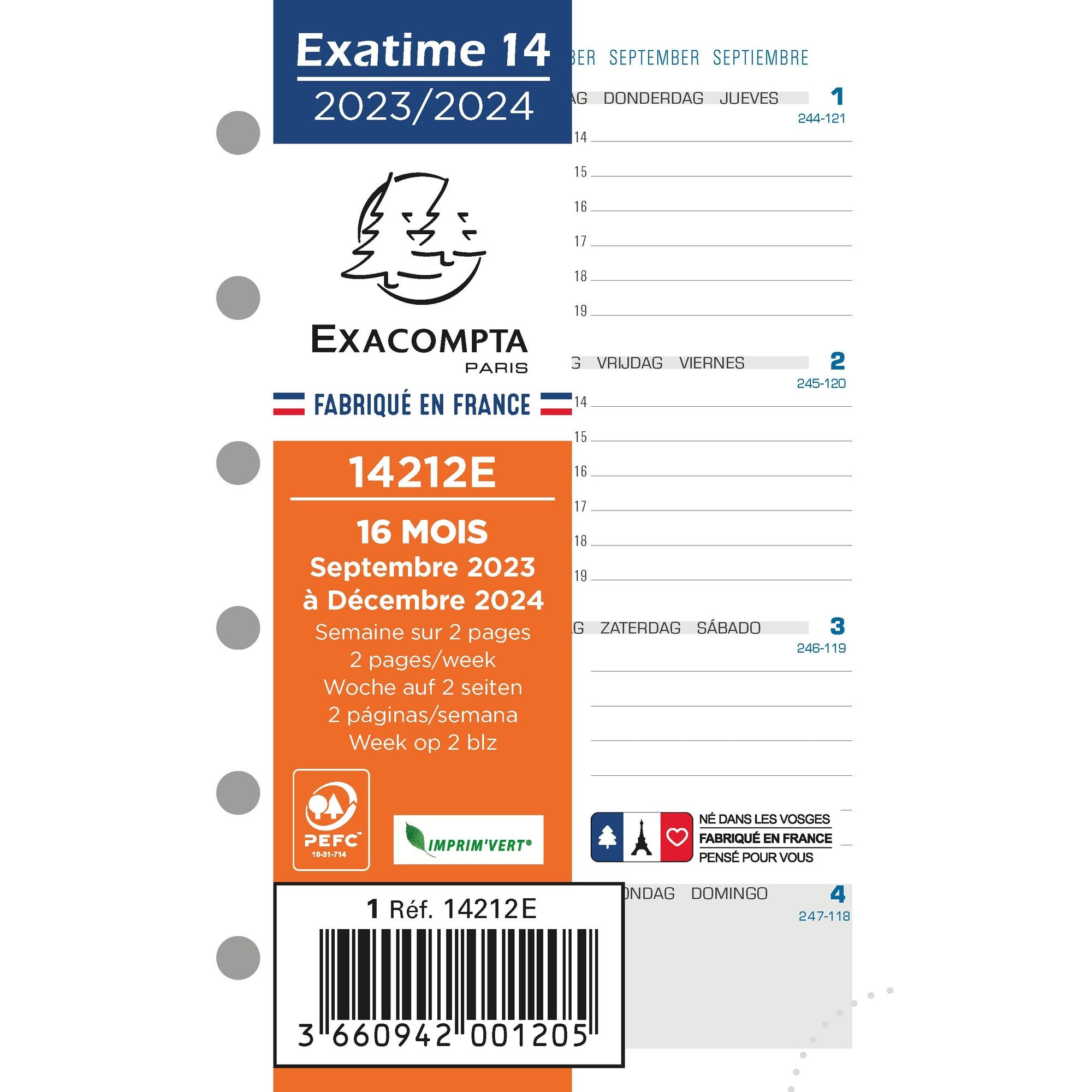 Recharge 2024-2025 EXACOMPTA Exatime 14 SAD Semainier Horizontal 14212E - 1 semaine sur 2 pages - 8.1 x 12.6 cm - 3660942001205