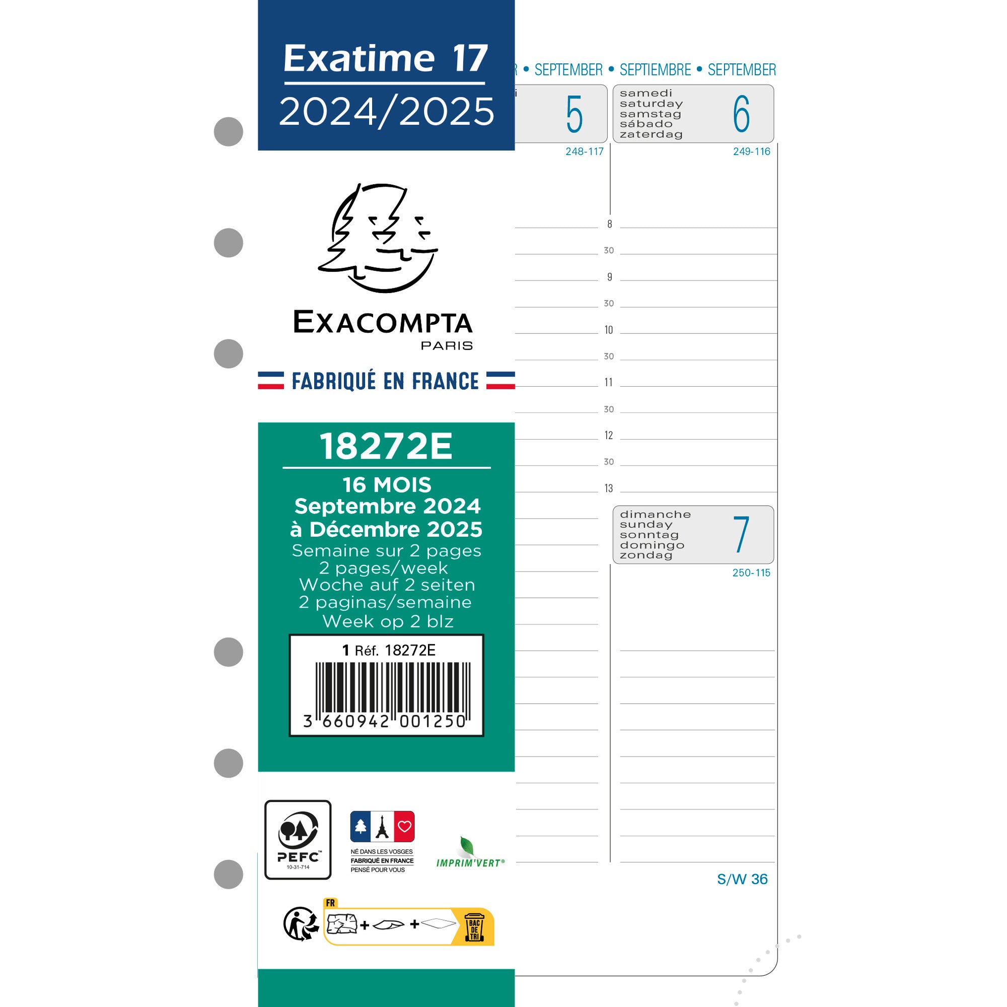 Recharge 2024-2025 EXACOMPTA Exatime 17 SAD Semainier Vertical 18272E - 1 semaine sur 2 pages - 10.5 x 17.2 cm - 3660942001250