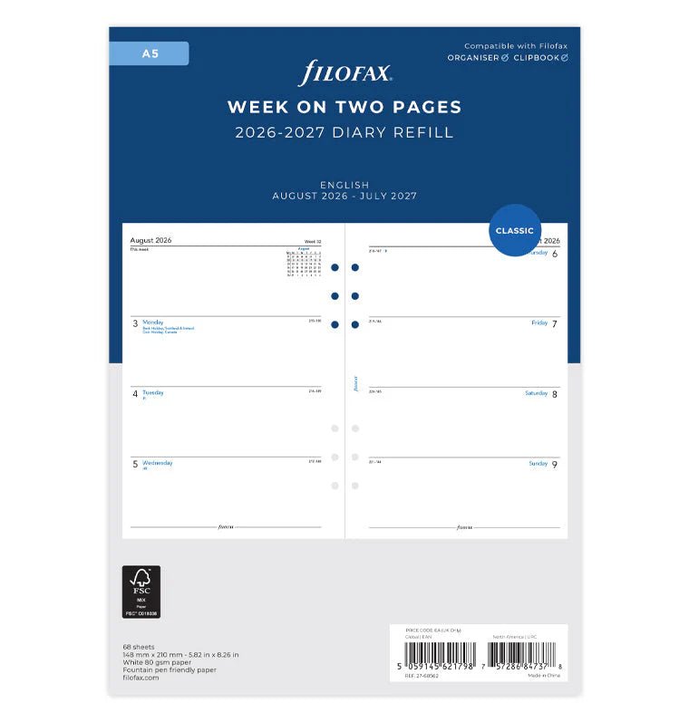 Recharge agenda 2026 - 2027 FILOFAX - A5 - Semaine sur deux pages (anglais) - 5059145621798