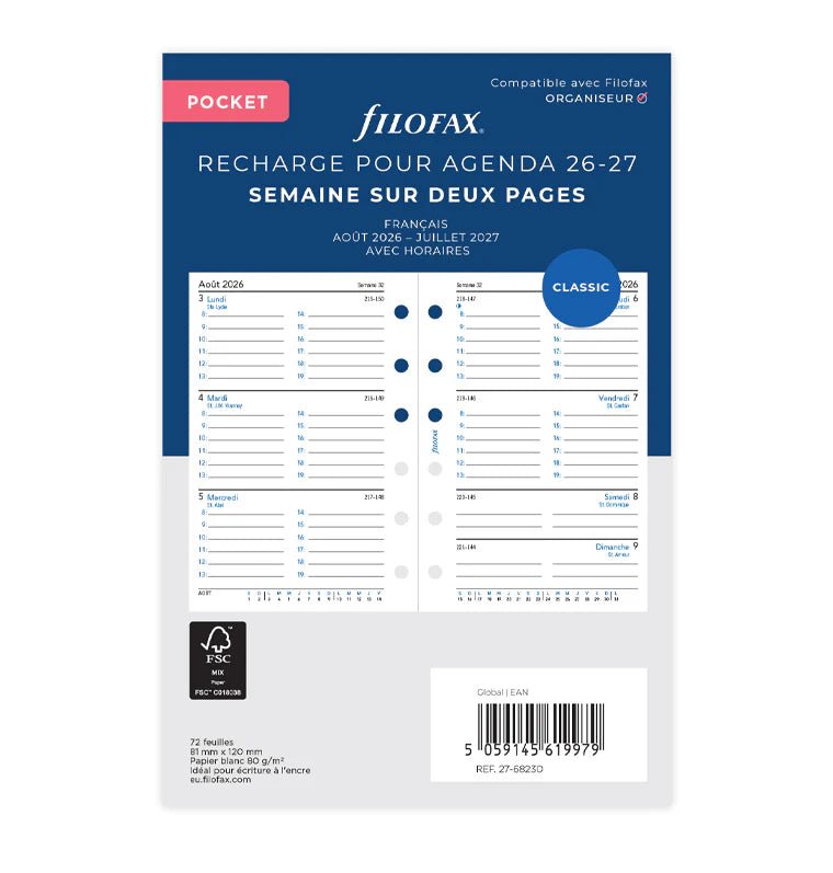 Recharge agenda 2026 - 2027 FILOFAX - Pocket - Semaine sur deux pages (français) - 5059145619979
