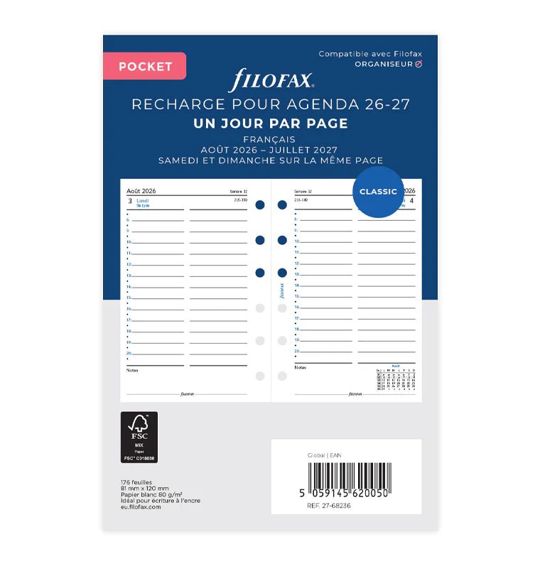 Recharge agenda 2026 - 2027 FILOFAX - Pocket - Un jour par page (français) - 5059145620050