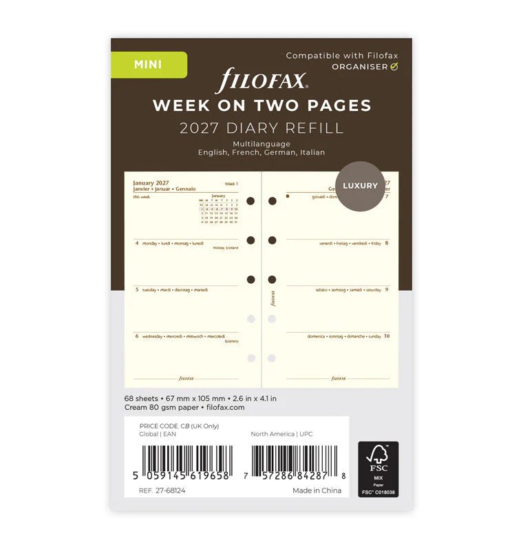 Recharge agenda 2027 FILOFAX - Mini - Semaine sur deux pages (multilingue) - 5059145619658