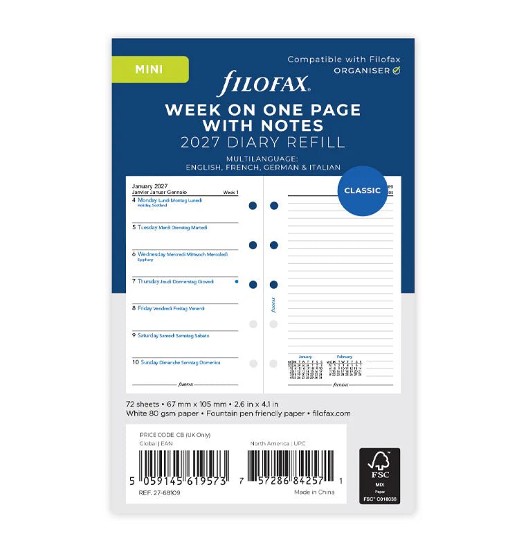 Recharge agenda 2027 FILOFAX - Mini - Semaine sur une page + page de notes (multilingue) - 5059145619573