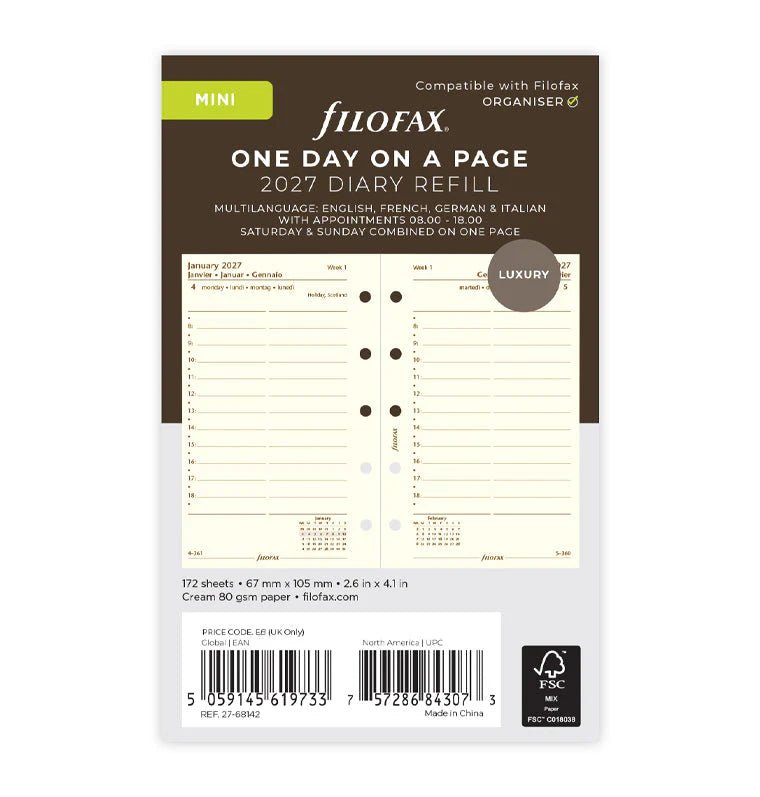 Recharge agenda 2027 FILOFAX - Mini - Un jour par page (multilingue) - 5059145619733