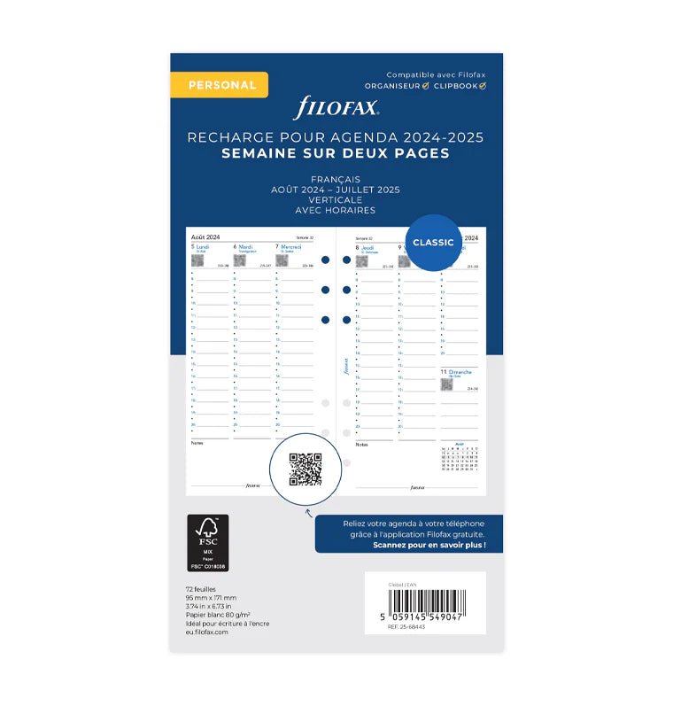 Recharge Agenda FILOFAX 2024-2025 - Personal, Semaine sur Deux Pages (français) - 1 semaine sur 2 pages - Personal - 5059145549047