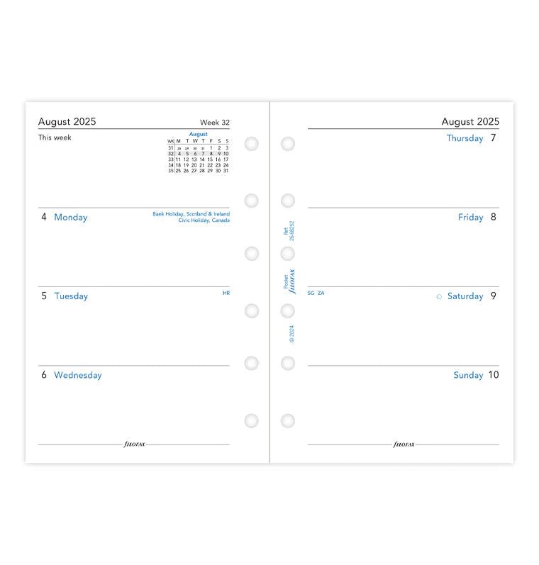Recharge agenda FILOFAX 2025 - 2026 - Pocket - Semaine sur deux pages (anglais) - 5059145596256