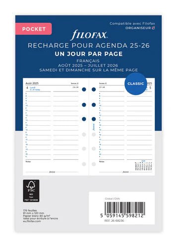 Recharge agenda FILOFAX 2025 - 2026 - Pocket - Un jour par page (français) - 5059145598212